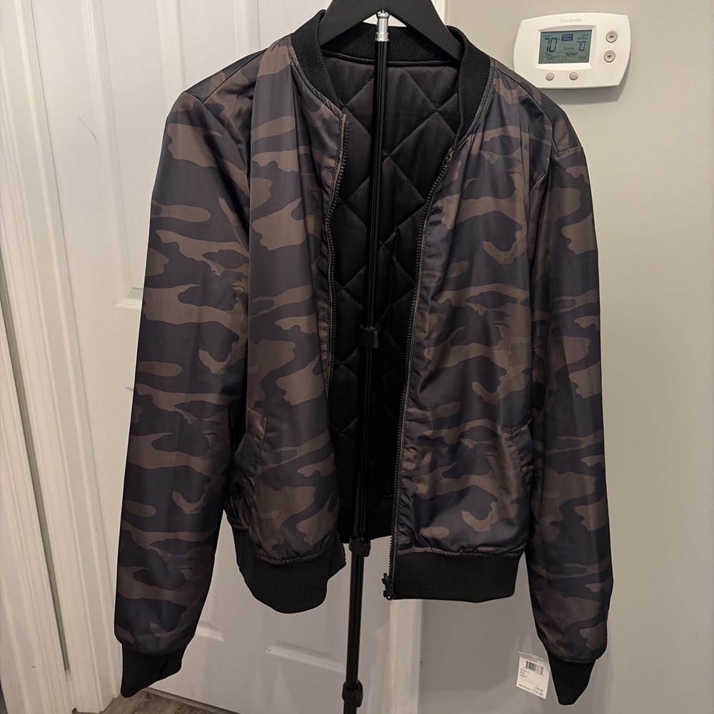 Blanc Noir Reversible Bomber Jacket Quilted Black Camo L NWT Luxury Athleisure